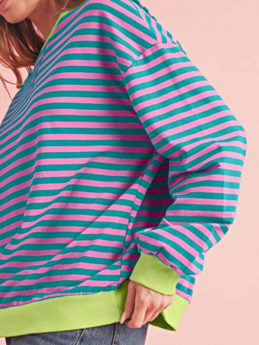 Boho Retro 90's Cotton Mix  Drop Shoulder Stripe Sweatshirt
