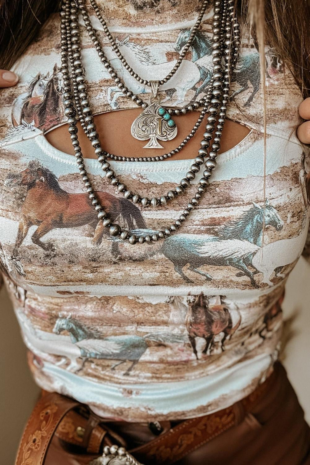 Western Wild Horse Print Hollow Out High Neck Top-(Ships 8/15)