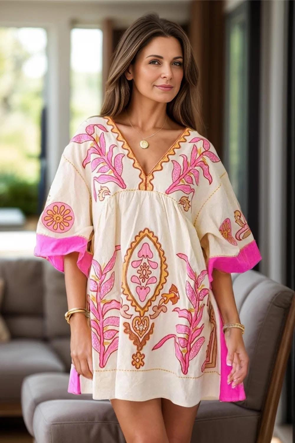 Printed Vneck Three Quarter Sleeve Mini Dress