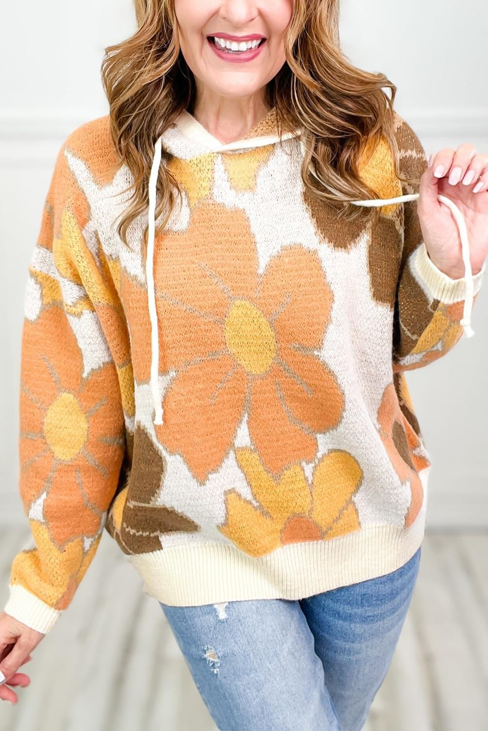 Plus Size Flower Knitted Drawstring Hooded Sweater