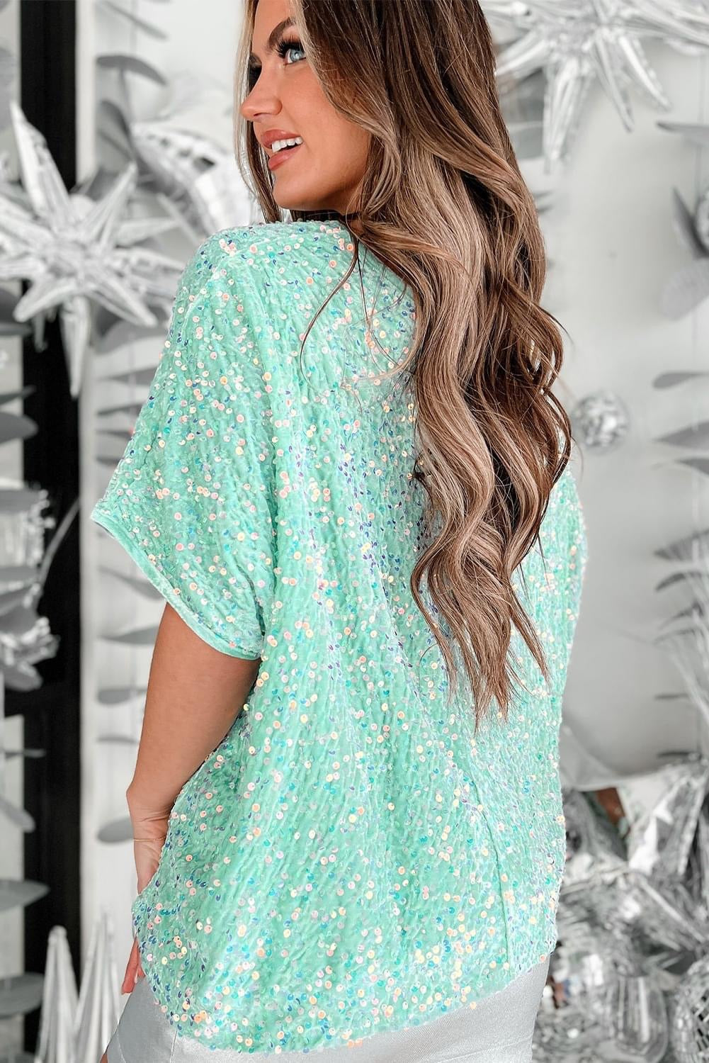 Moonlight Jade Sequin Batwing Velvet Blouse