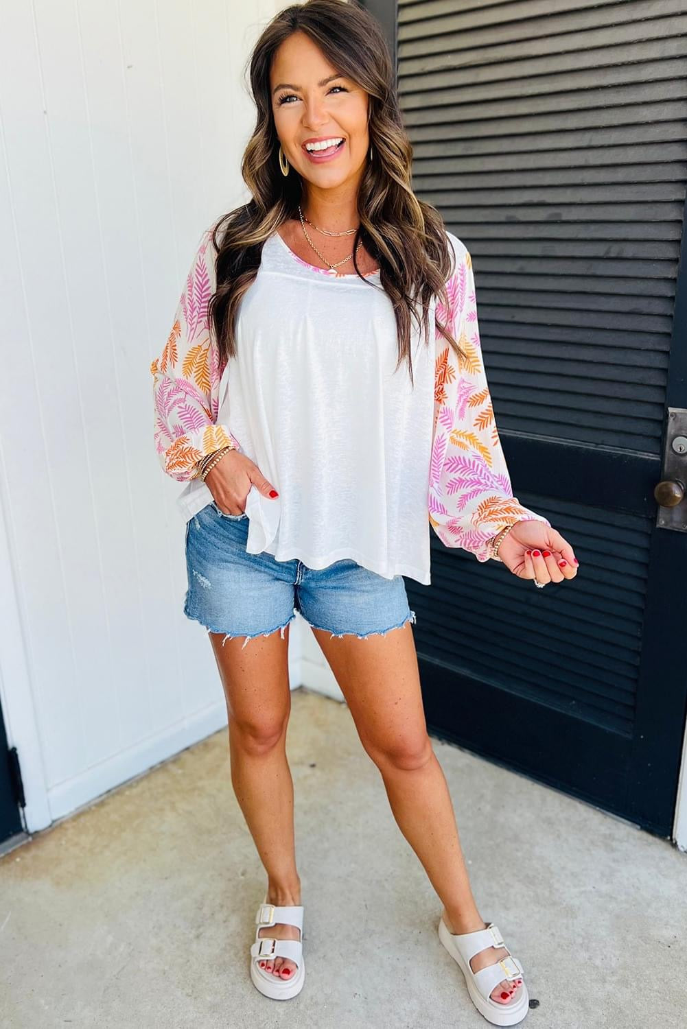 White Tropical Leaf Round Neck Blouse