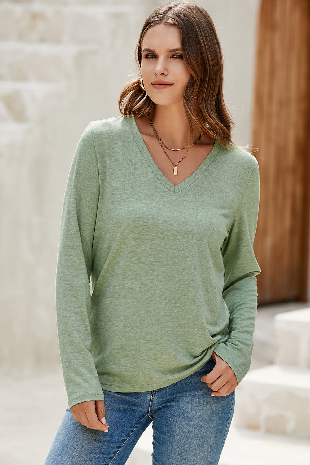 Grass Green Solid Color V Neck Long Sleeve Stretchy Top Wild and Free Boutique