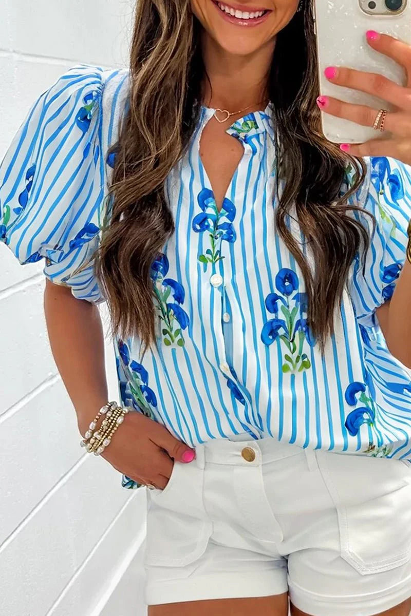 FLORAL GRACE SKY BLUE STRIPE FRILL V-NECK BLOUSE **SHIPPING EXPECTED TO BEGIN ON DATE 5/13**