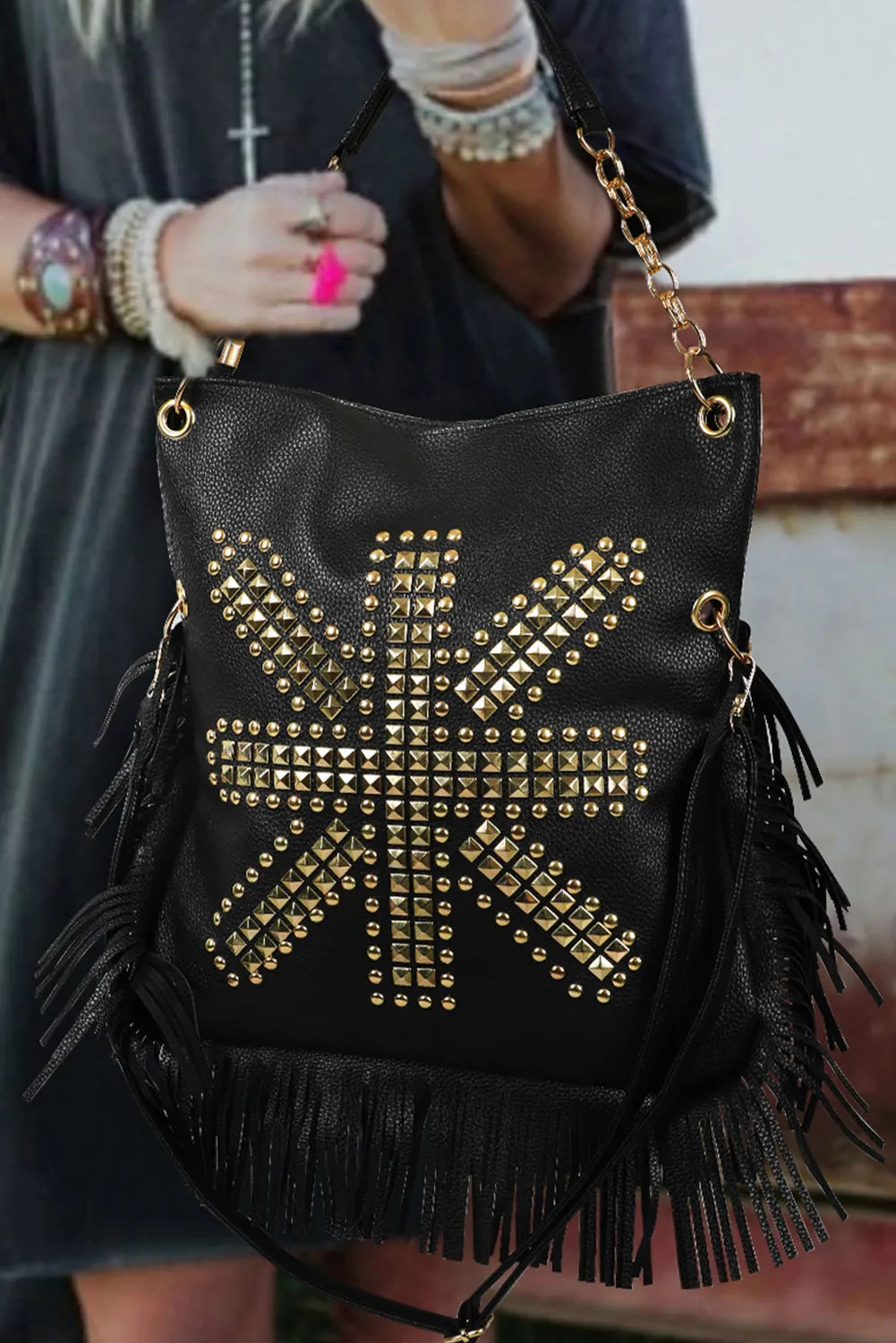 Black Rivet Fringe Shoulder Bag