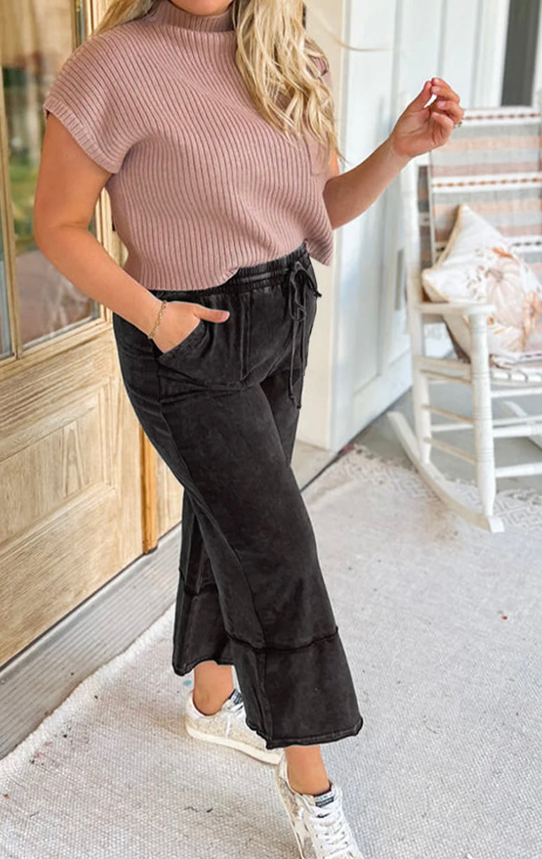 Plus Size Wash Exposed Seam Wide Leg Cropped Pants