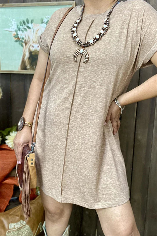 Tan solid color short sleeve/ fold trim women dress