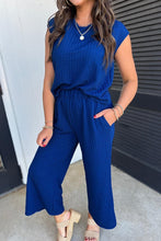 Load image into Gallery viewer, Sky blue textured Knit T Shirt and Wide Leg Pants Set
