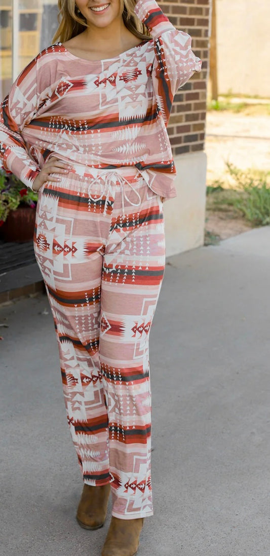 Geometric Top and Drawstring Pants Lounge Set