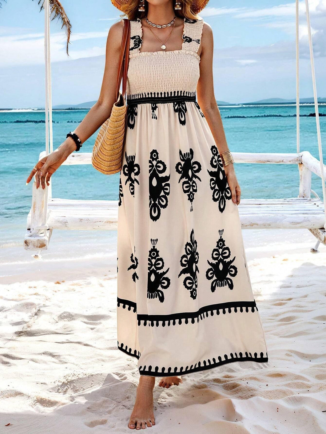 Print Shirred Wide Strap Dress