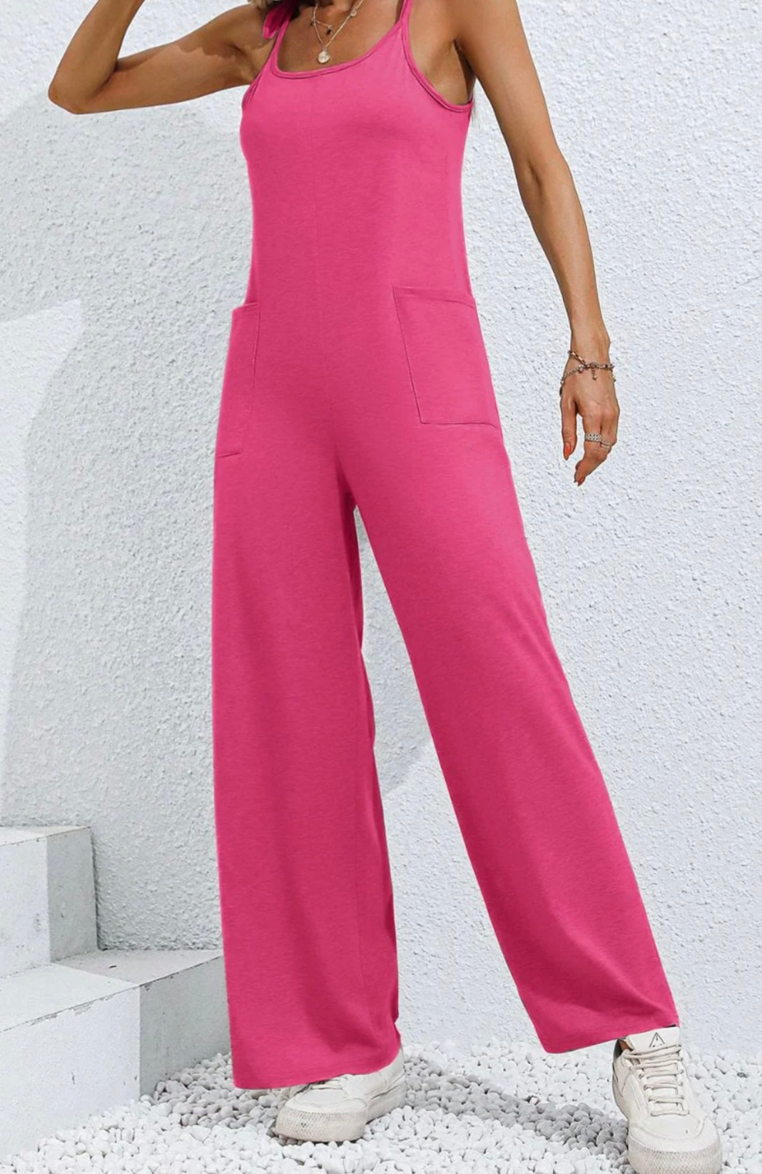Scoop Neck Tie Shoulder Jumpsuit