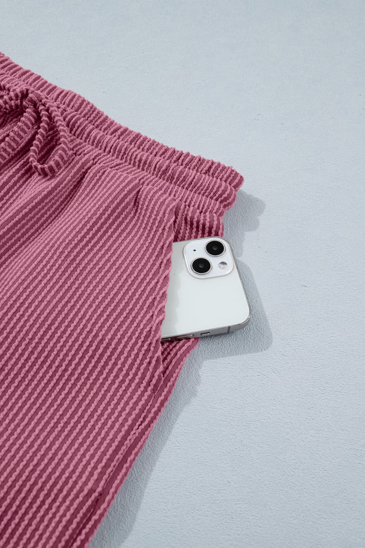 Pitaya Pink Twisted Ribbed Loose Tee Drawstring Elastic Waist 2pcs Short Set