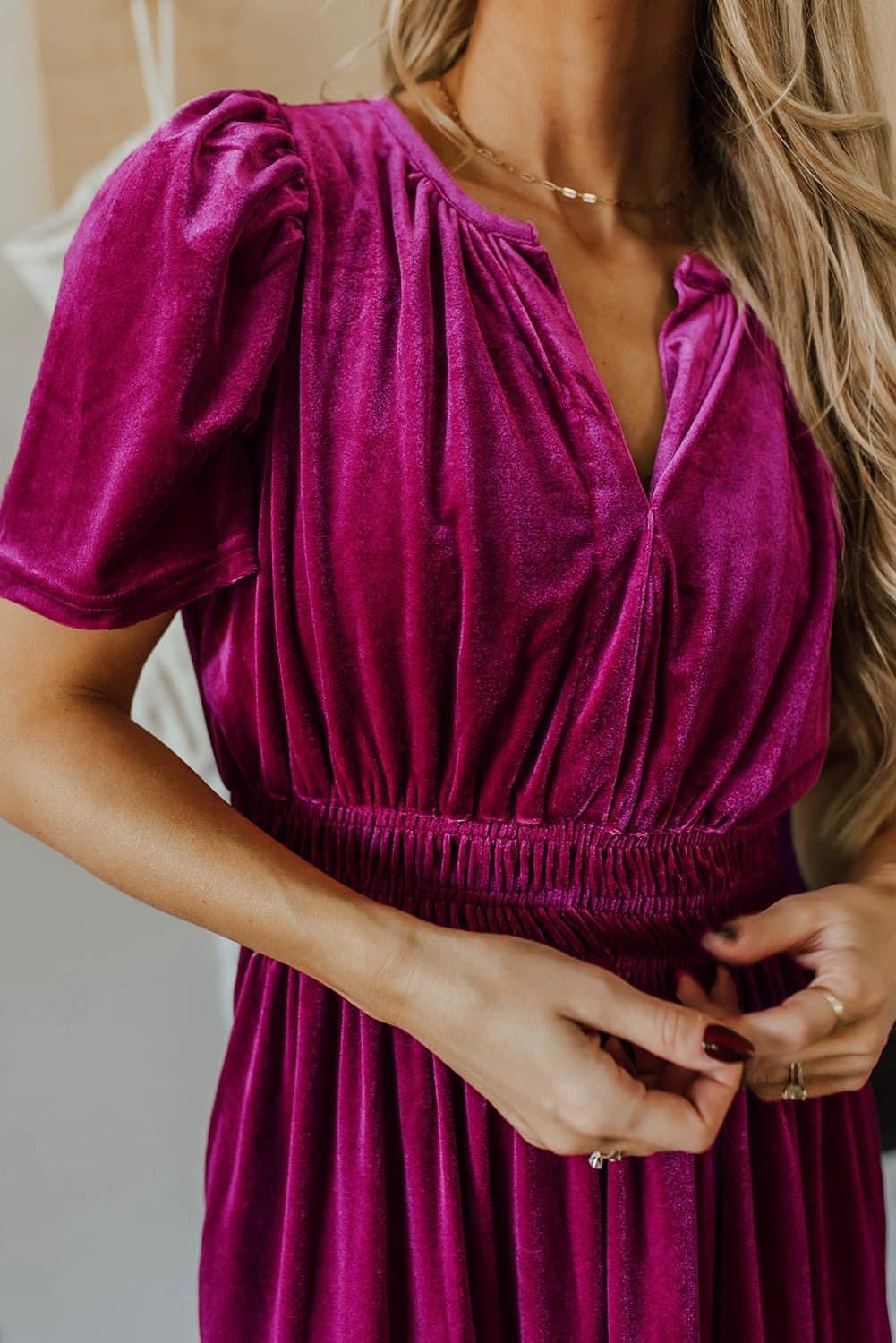 Red Dahlia Velvet Shirred Waist Tiered Maxi Dress
