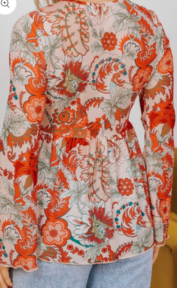 Floral V-Neck Flare Sleeve Blouse