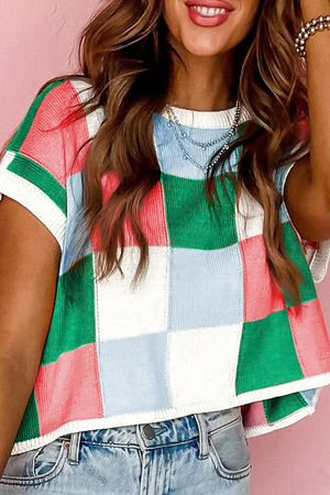 COASTAL COLOR BLOCK DARK GREEN CAP SLEEVE SWEATER **SHIPPING EXPECTED TO BEGIN ON DATE 3/5**