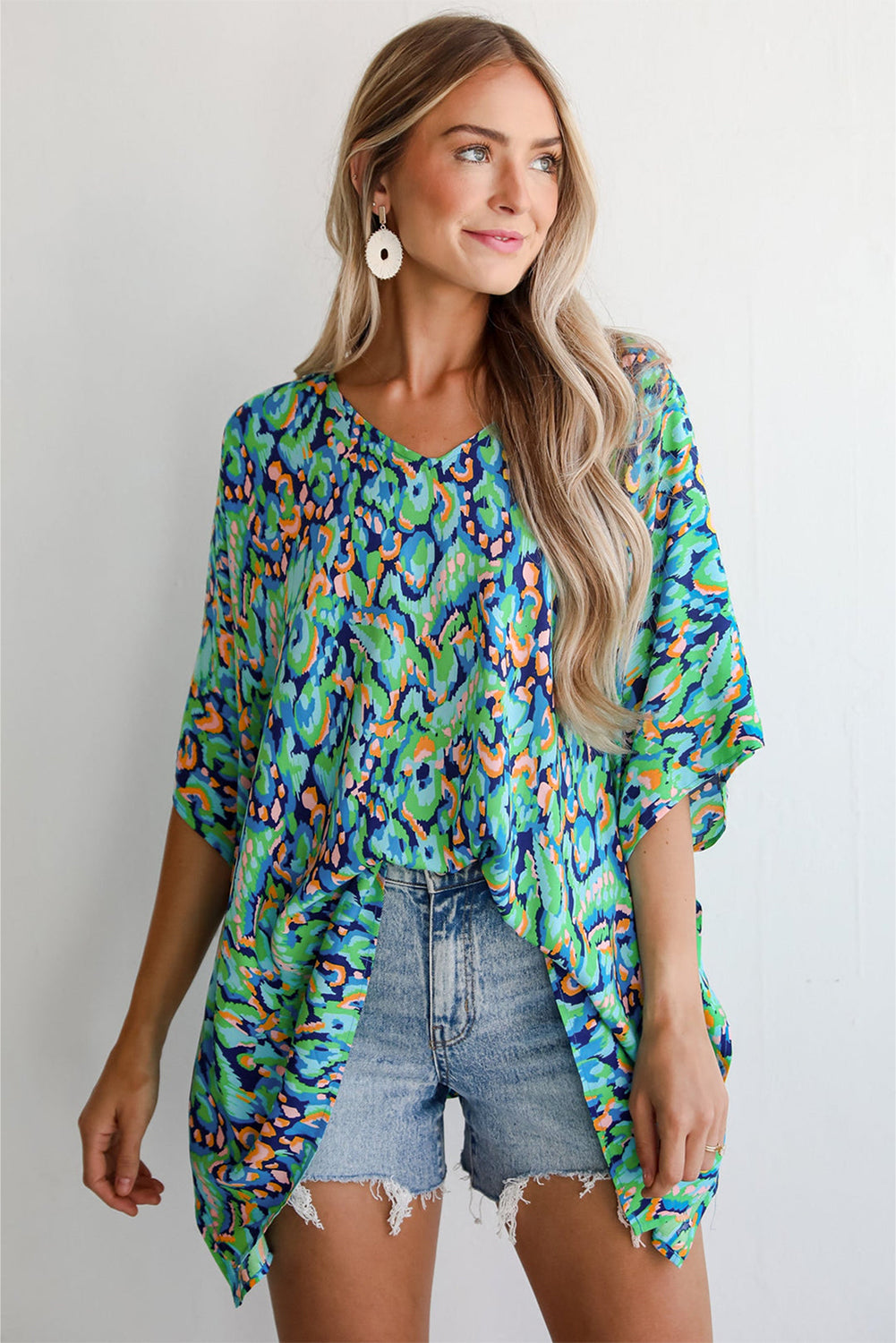 Pink Abstract Print V Neck Half Sleeve Loose Fit Tunic Blouse Wild and Free Boutique