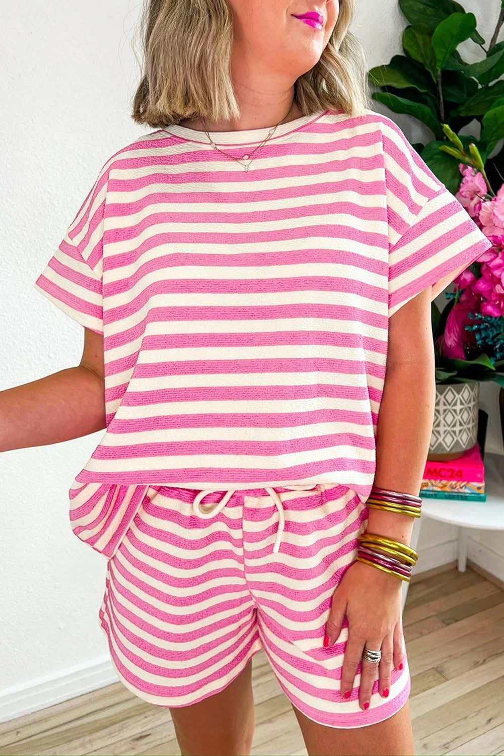 Pink Stripe Drawstring Shorts Set