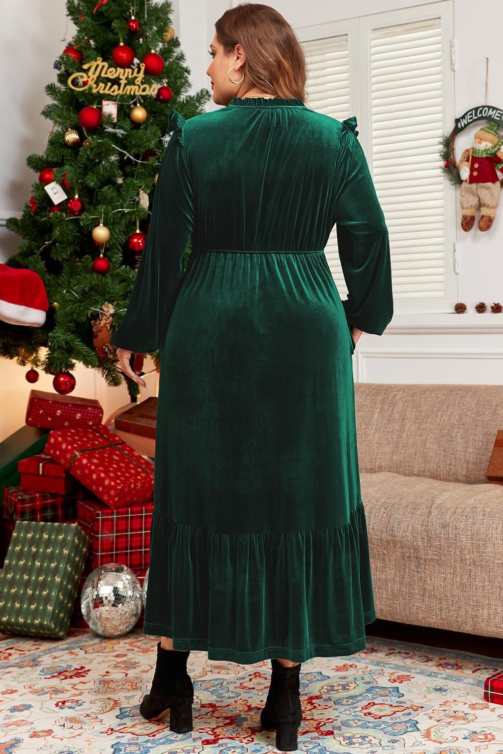 Exceptionally Dreamy Blackish Green Velvet Frilled High waist plus size dress
