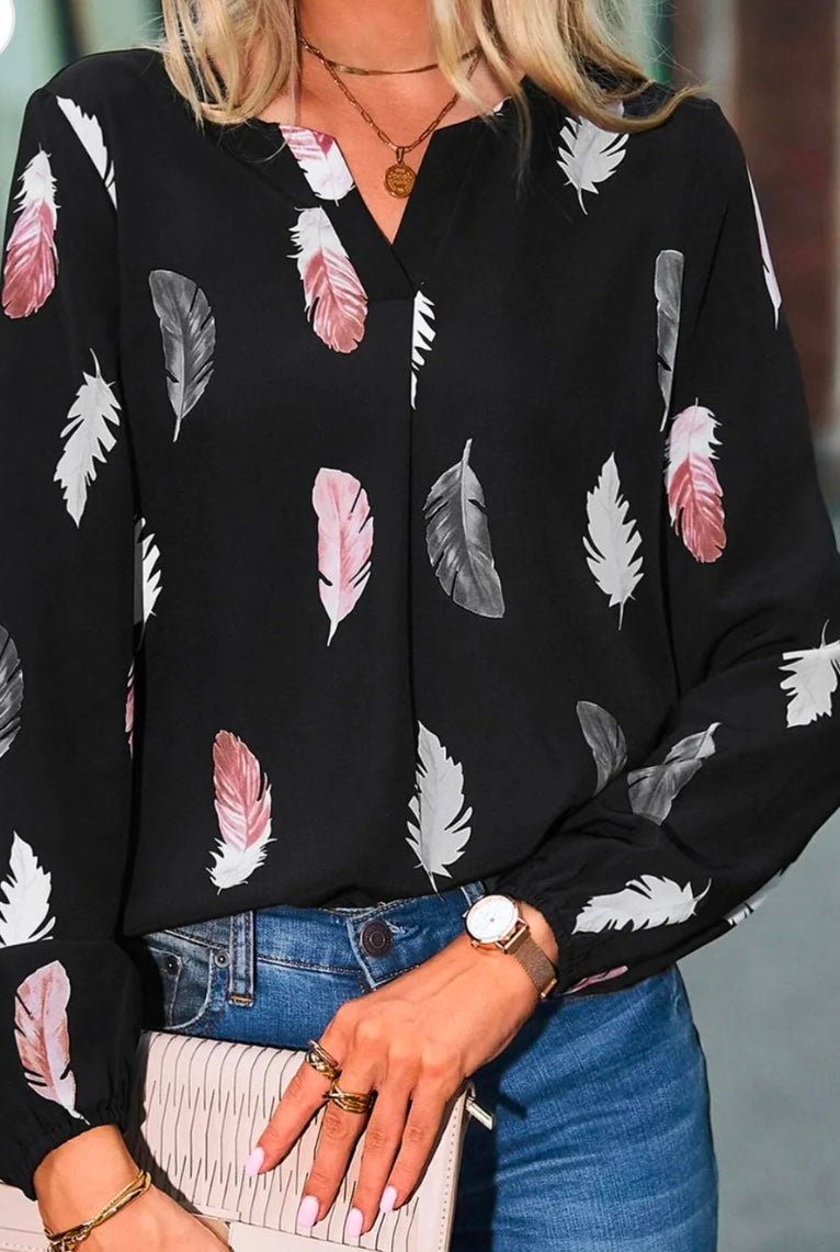 Feather Print Notched Balloon Sleeve Top