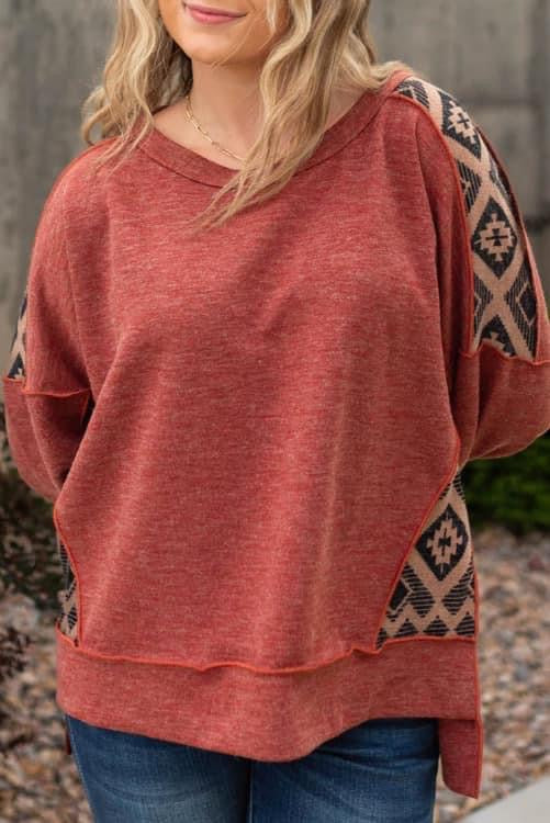 Plus Size Redwood Burl Aztec Patchwork Drop Shoulder Plus Size High Low Sweatshirt