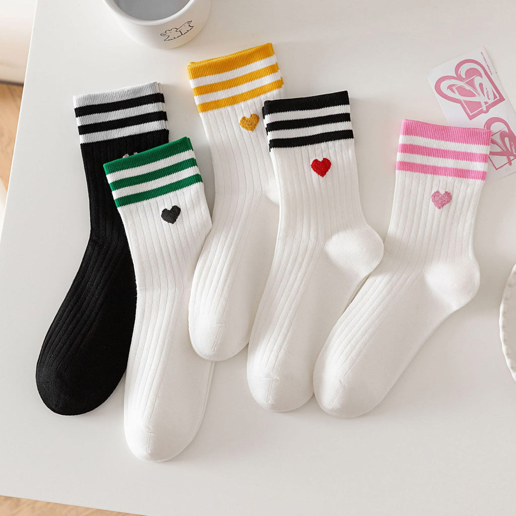 Adult Stripe And Heart Cotton Socks