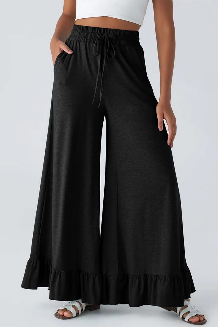 Ruffled Wide Leg Pull On High Waist Pants with Pockets