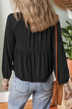 Load image into Gallery viewer, FIRST GLANCE BLACK SMOCKED BUTTON V-NECK BLOUSE **SHIPPING EXPECTED TO BEGIN ON DATE 11/5**
