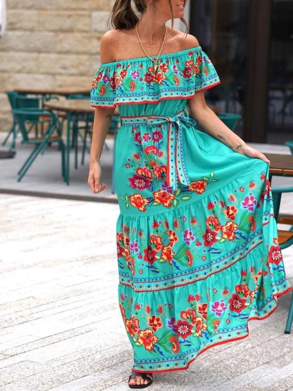 Floral Off Shoulder Ruffle Maxi Dress