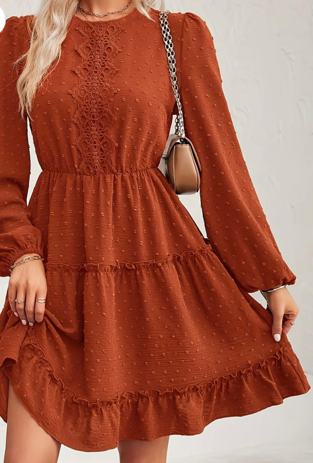 Lace Detail Swiss Dot Round Neck Mini Dress