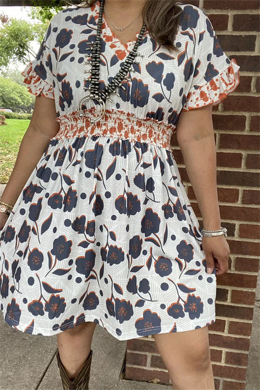 Orange Ruffled Black Multi Color Printed Short Sleeve Dress w/Pockets