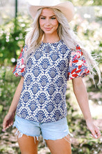 Load image into Gallery viewer, Blue Western Fashion Floral Puff Sleeve Neck Blouse
