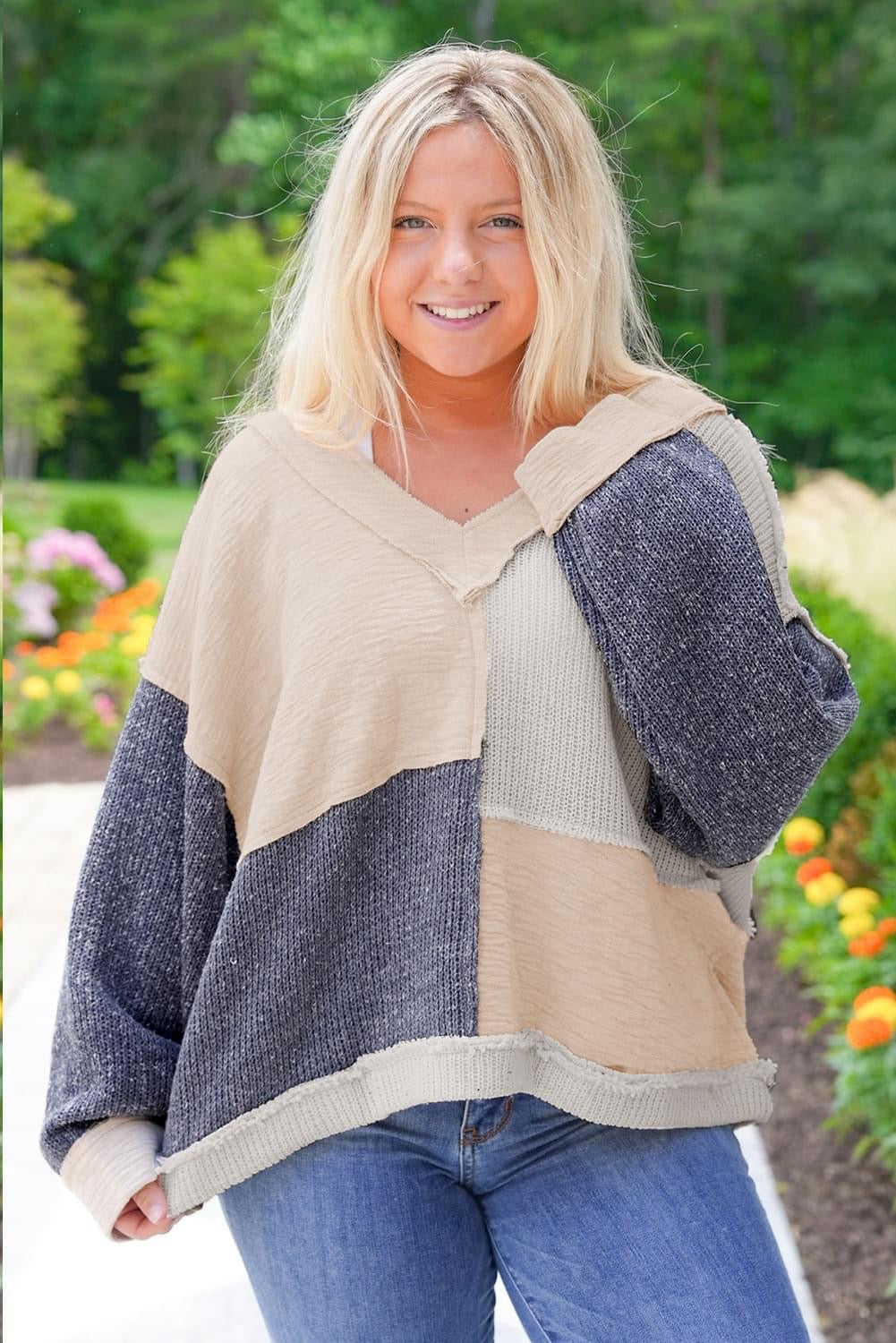 Blue Plus Size Textured  V neck top