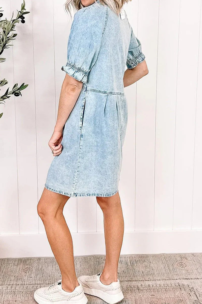 CAREFREE DAYS BEAU BLUE MINERAL WASH BUTTON DENIM DRESS