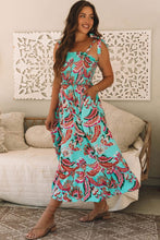 Load image into Gallery viewer, Green Abstract Smocked Bodice Knotted Straps Ruffled Maxi Dress
