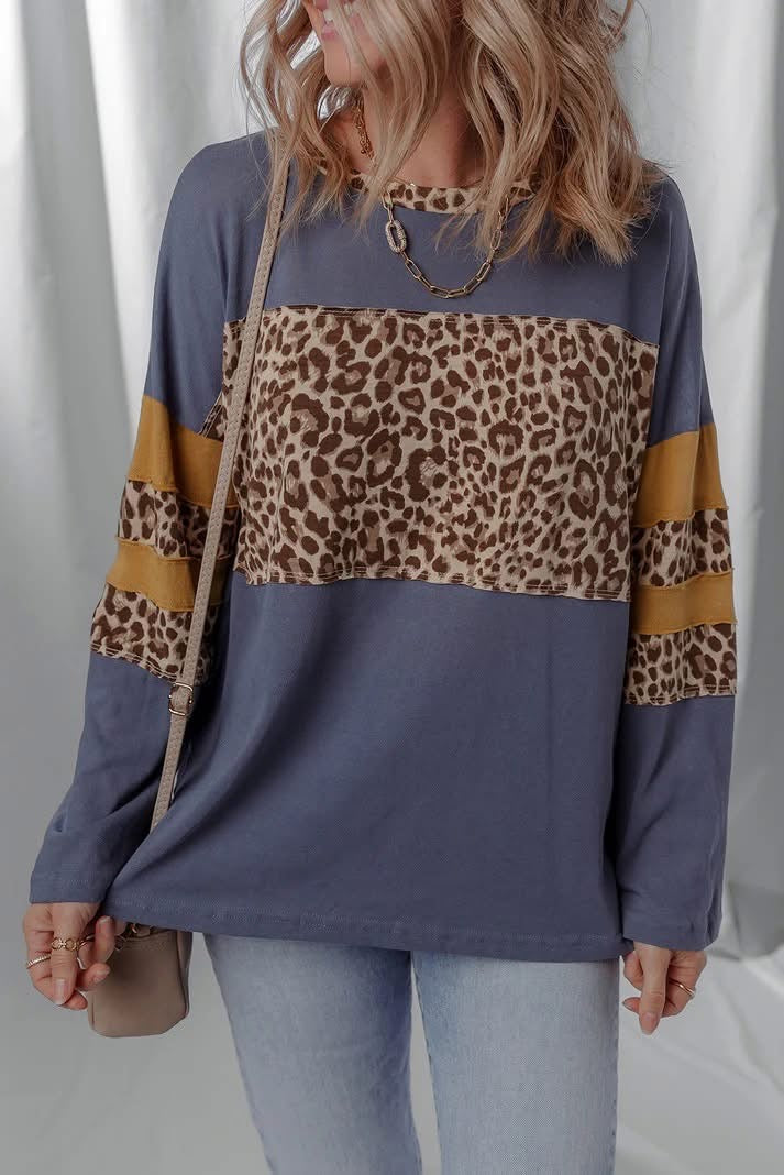 Leopard Colorblock Patchwork Long Sleeve Drop Shoulder Top