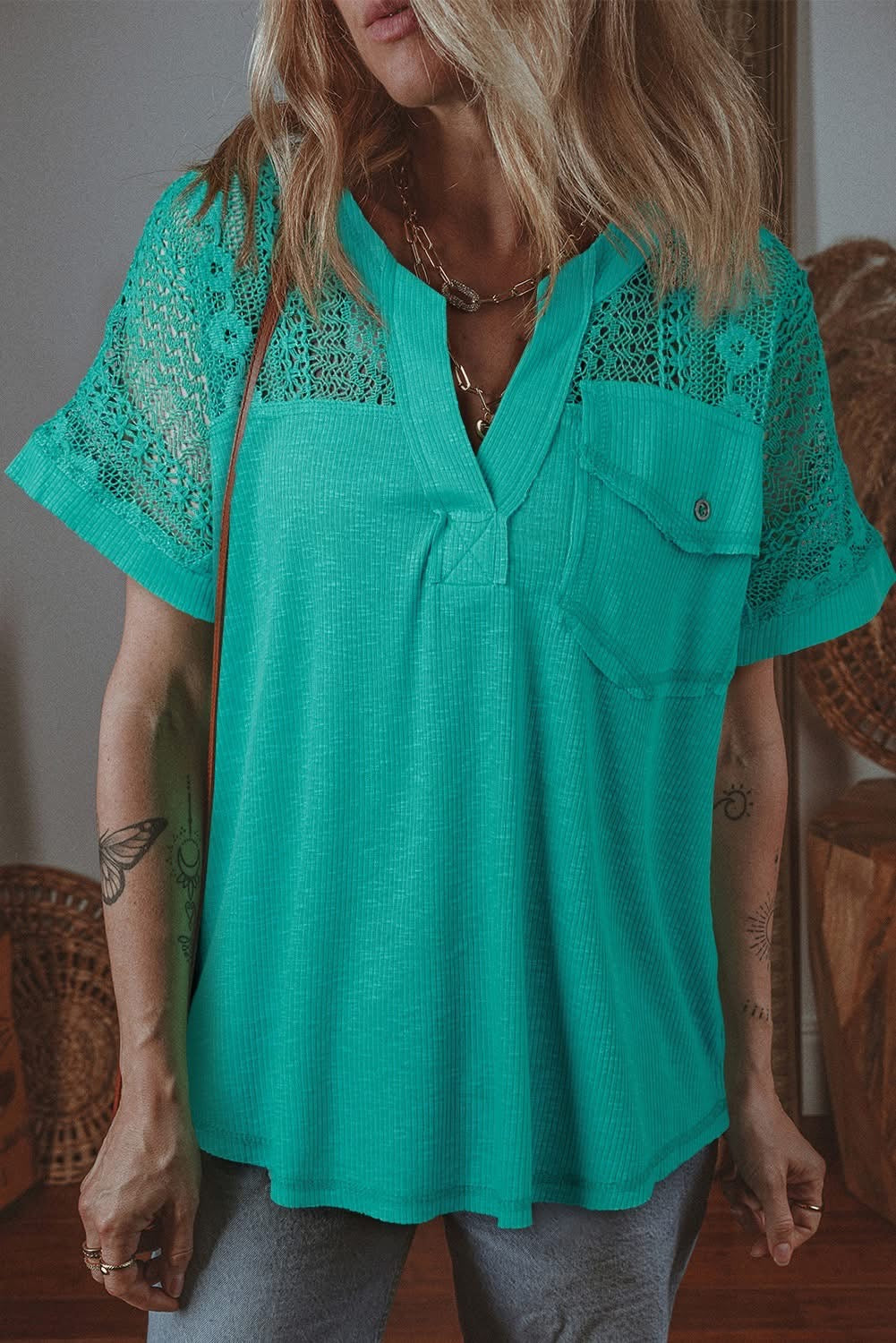 Sea Green Lace Textured Short Sleeve Blouse