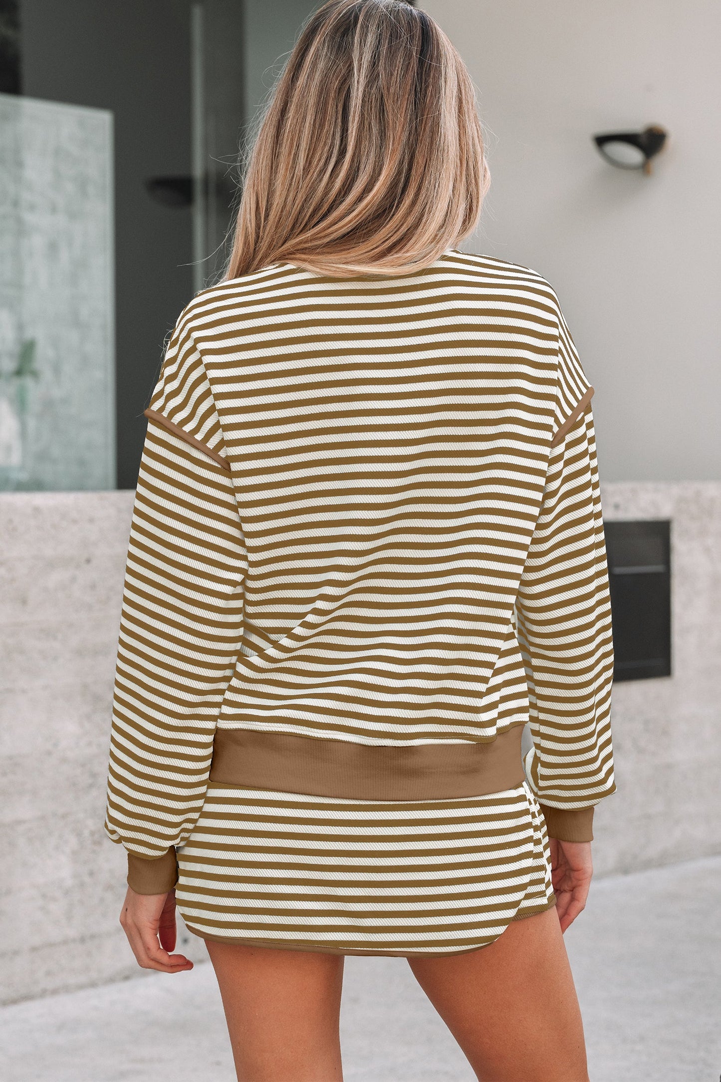 Black Stripe Textured Drop Shoulder Pullover Top Drawstring Mini Skirt Two Piece Dress Set Wild and Free Boutique