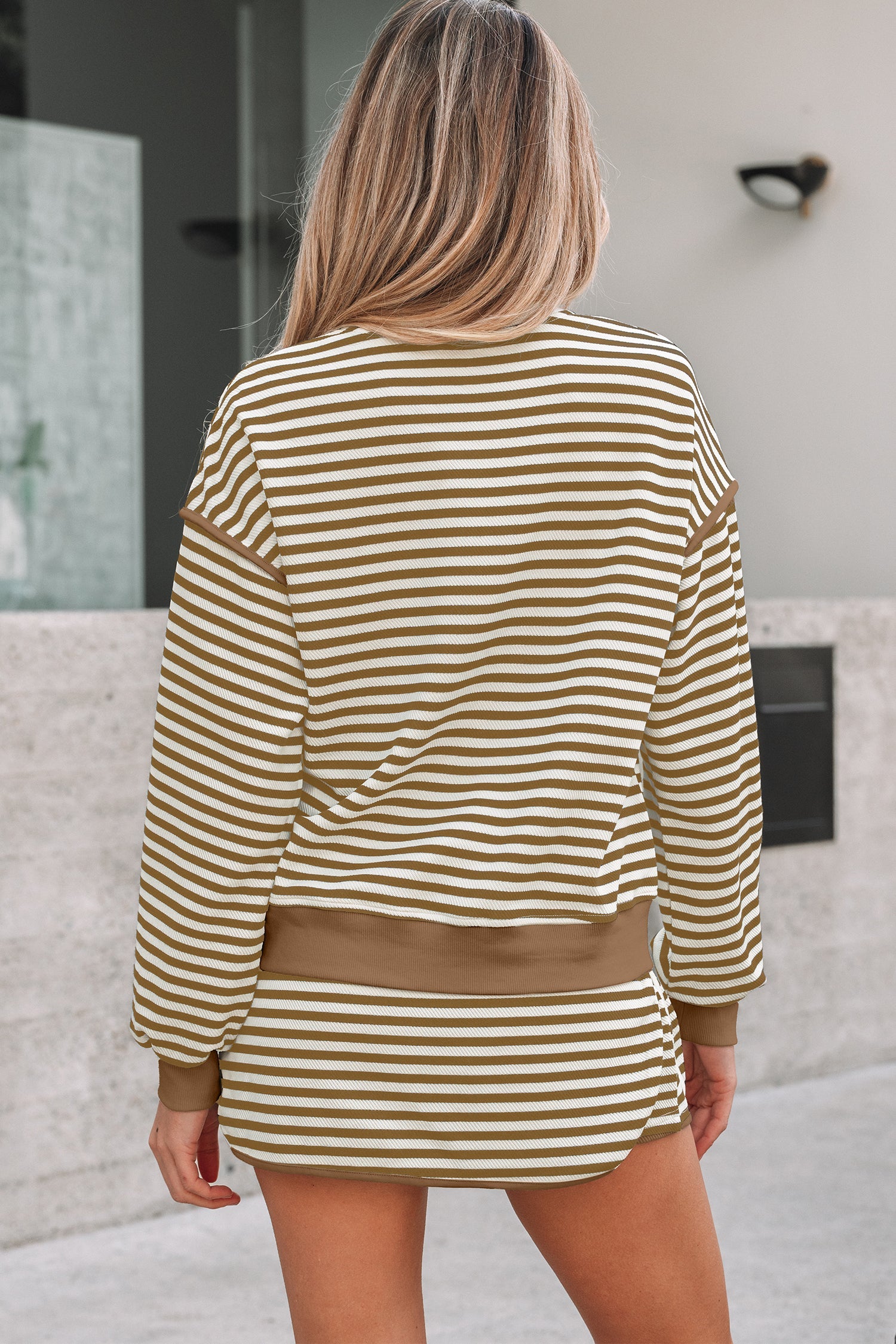 Black Stripe Textured Drop Shoulder Pullover Top Drawstring Mini Skirt Two Piece Dress Set Wild and Free Boutique