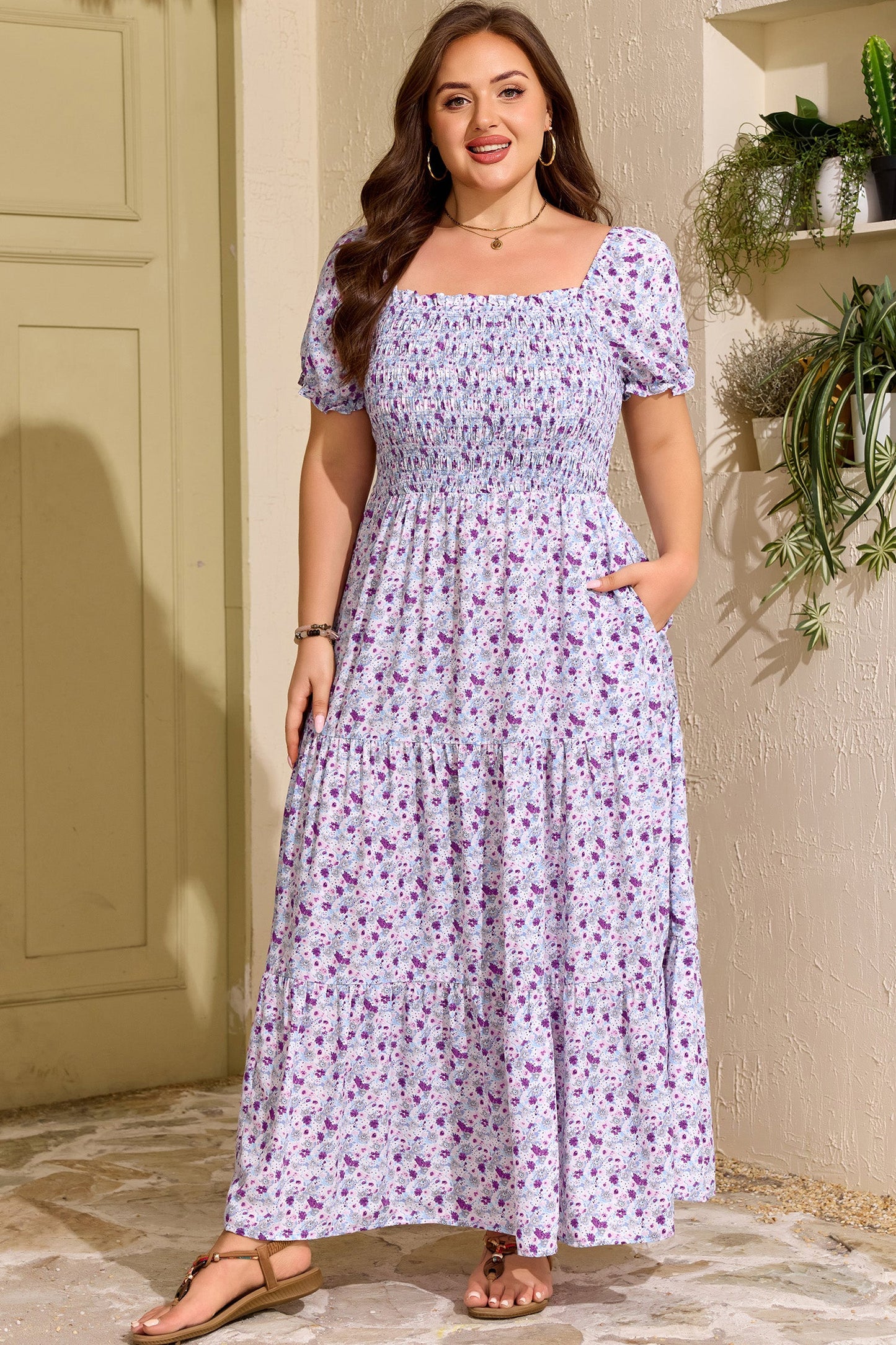 Kelsey Square Smocked Maxi PLUS Dress Threaded Pear