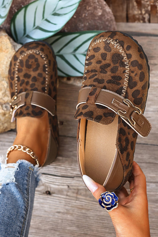 Coffee Faux Suede PU Leather Patchwork Retro Buckle Slip On Shoes Wild and Free Boutique