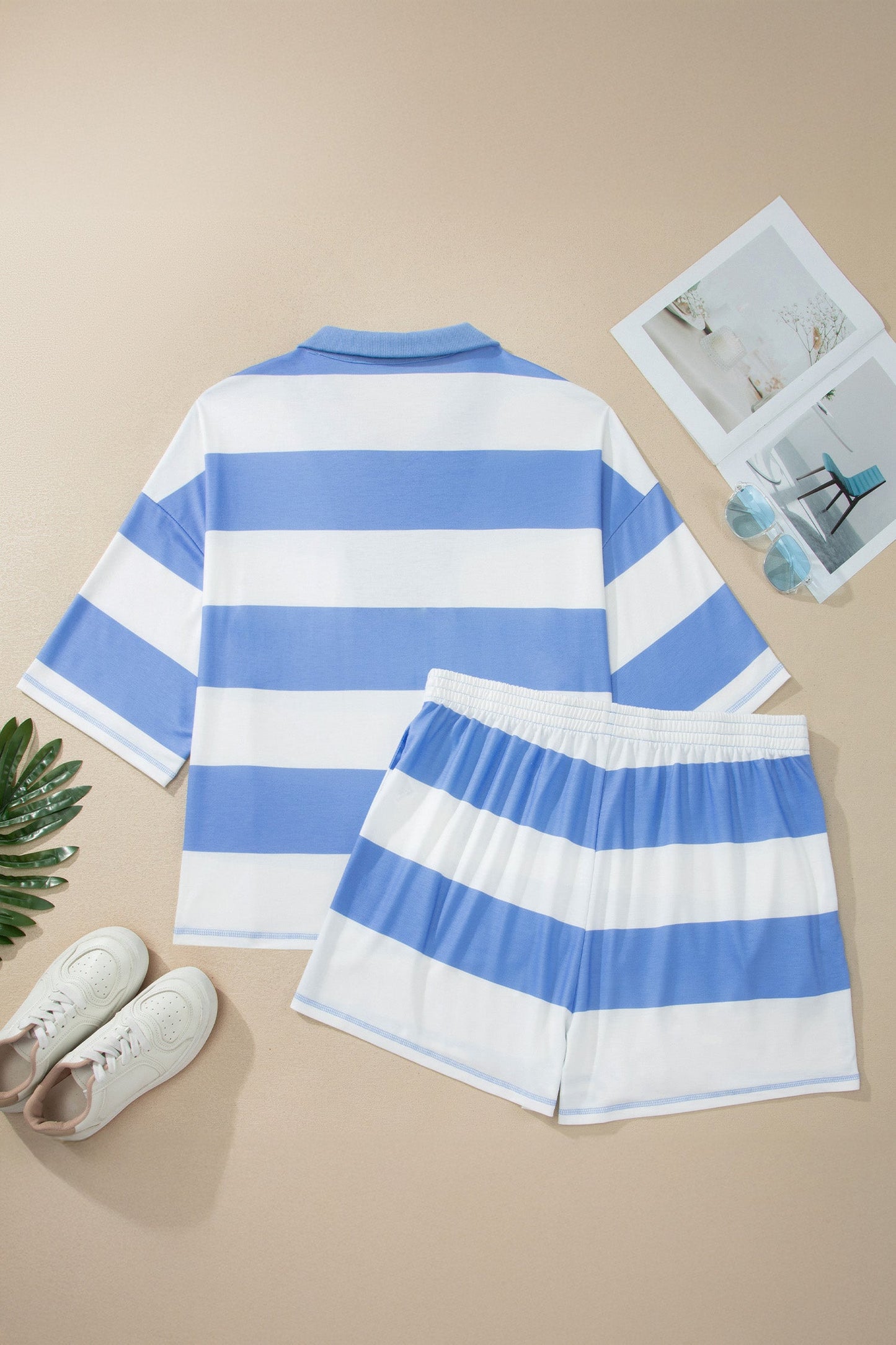 Sky Blue Stripe Drop Shoulder Zipped Collar T Shirt Plus Size Shorts Set Unique Oils