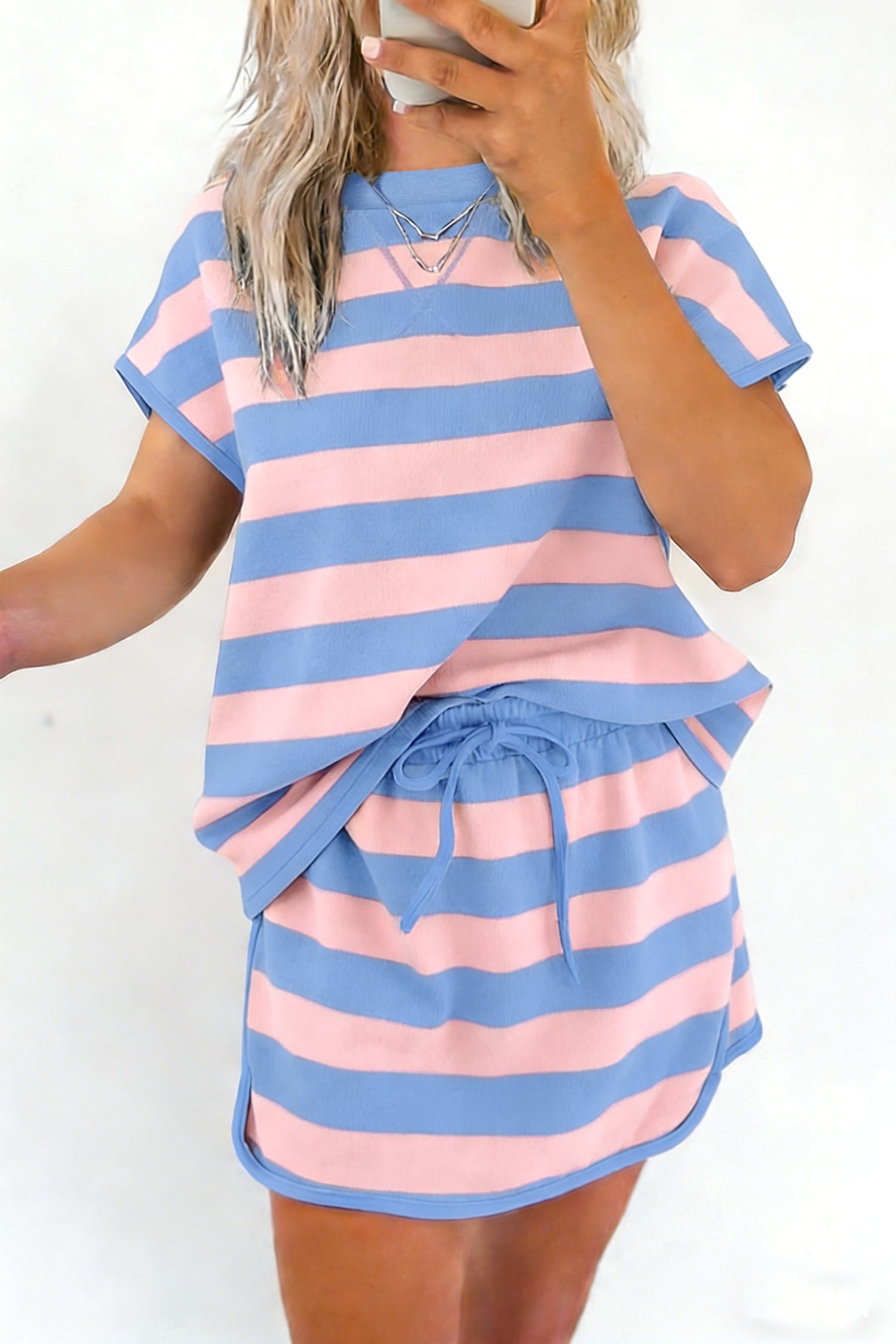 Yellow Stripe Dolman Tee Drawstring Skort Athletic 2pcs Set Wild and Free Boutique