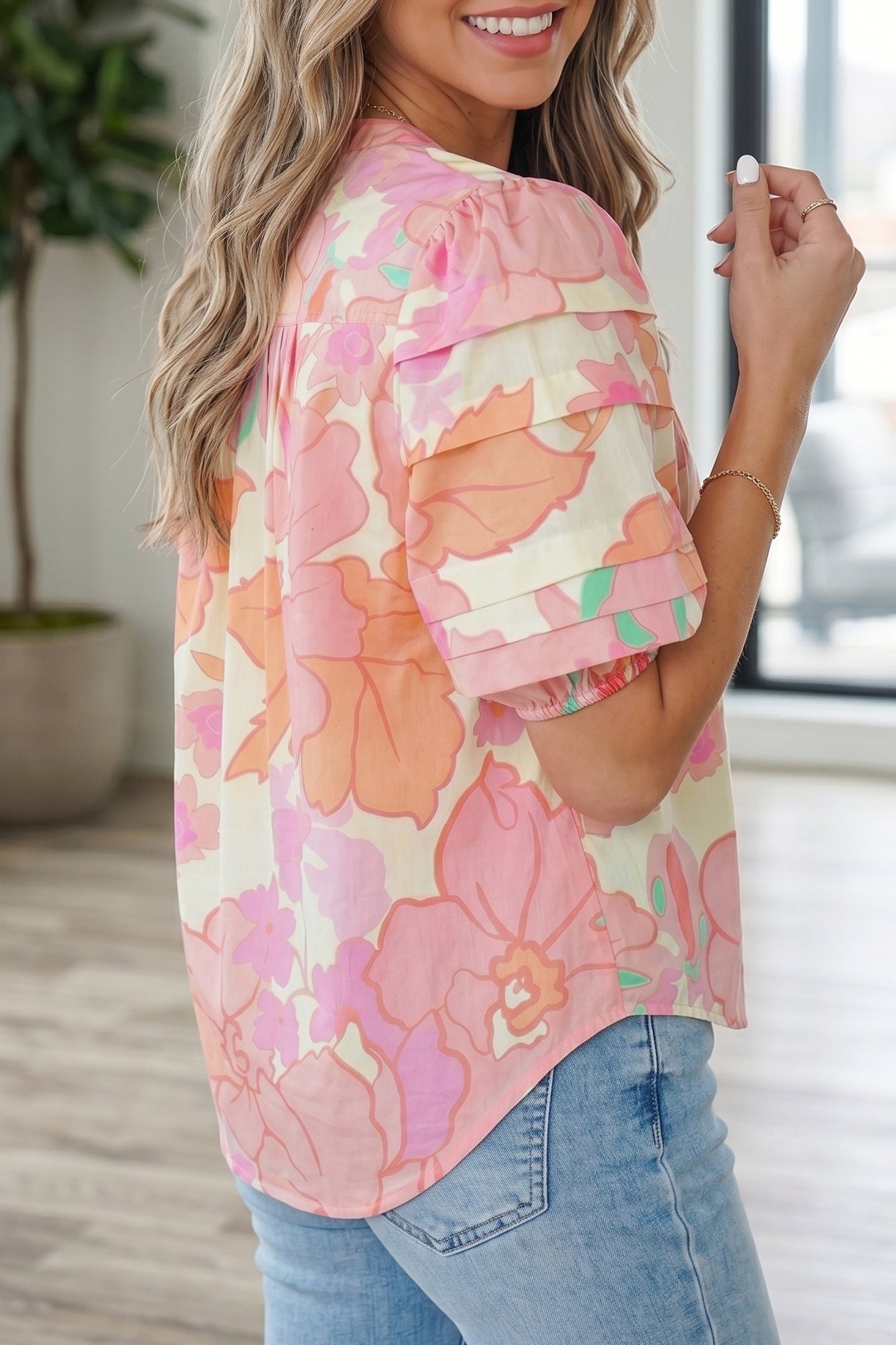 Brianna Pintuck Short Sleeve Shirt Threaded Pear