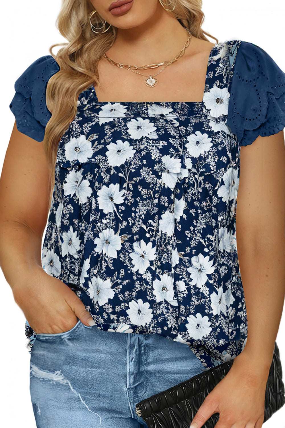 Blue Floral Print Square Neck Lace Patchwork Sleeve Blouse