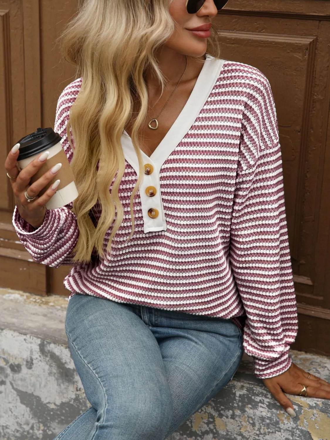 Striped Button Detail Long Sleeve T-Shirt