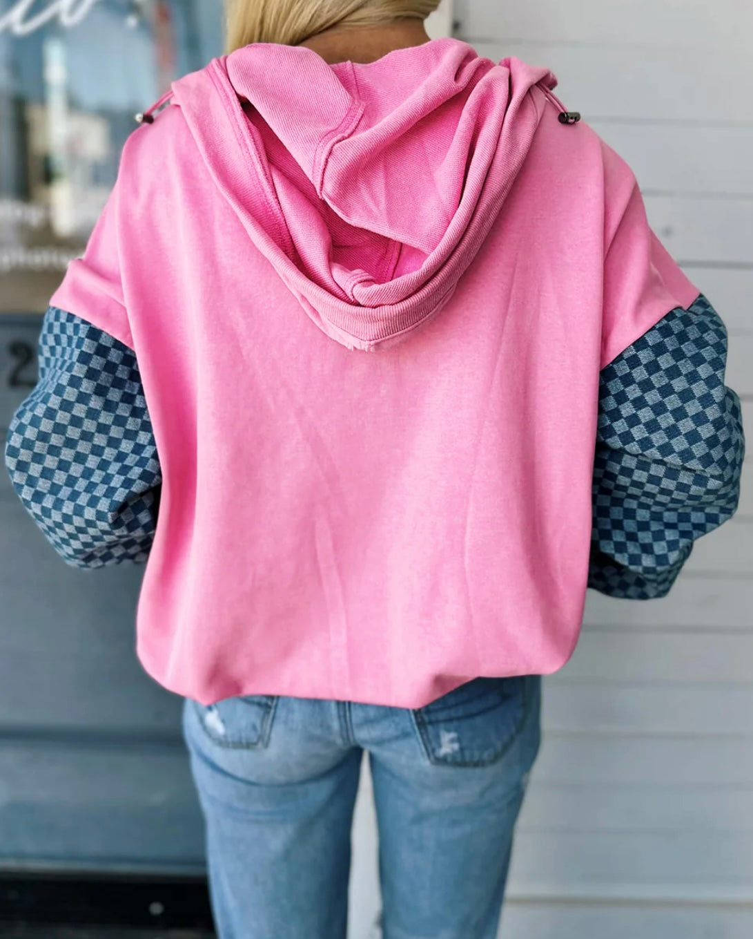 Checkered Patchwork Kangaroo Pocket Half Zipper Hoodie