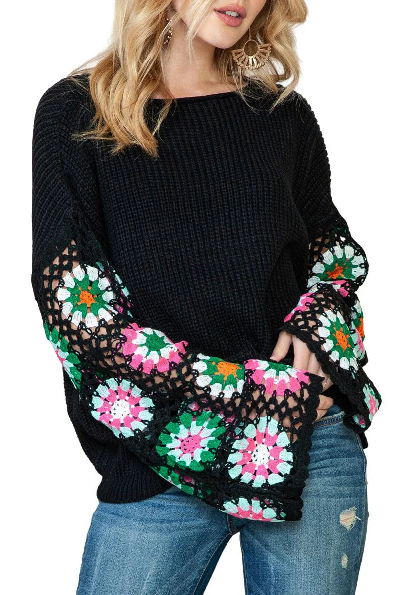 CALLA CROCHET SLEEVE BLACK TOP