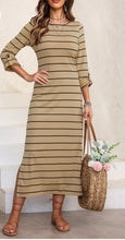 Load image into Gallery viewer, Slit Striped Round Neck Midi Dress
