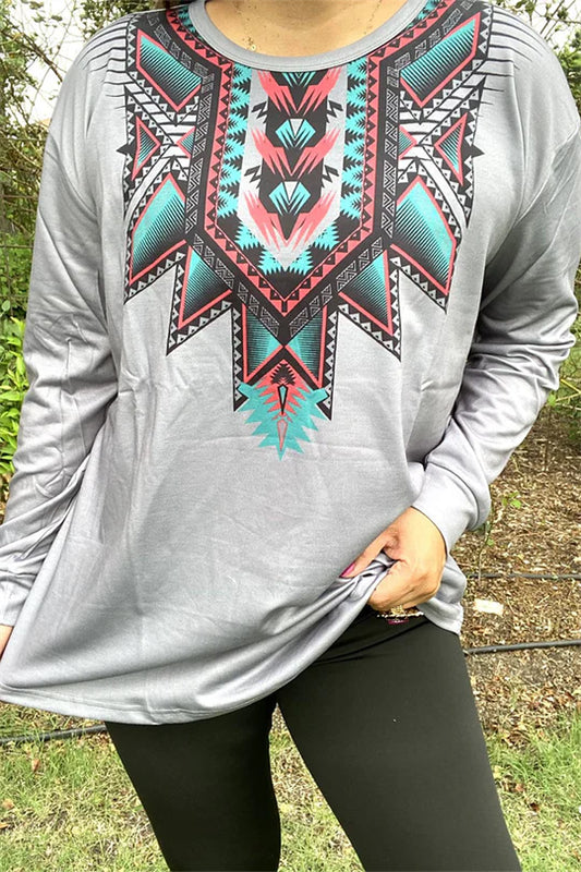 Aztec Multi Color Printed Gray Long Sleeve Top Lady charmonline