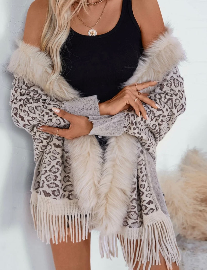 Fringe Leopard Open Front Long Sleeve Poncho